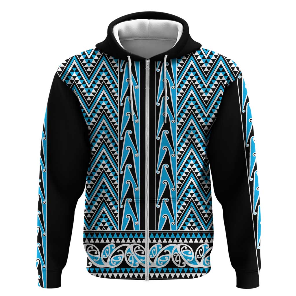 New Zealand Maori Niho Taniwha Zip Hoodie Kikorangi Mangopare and Puhoro Pattern