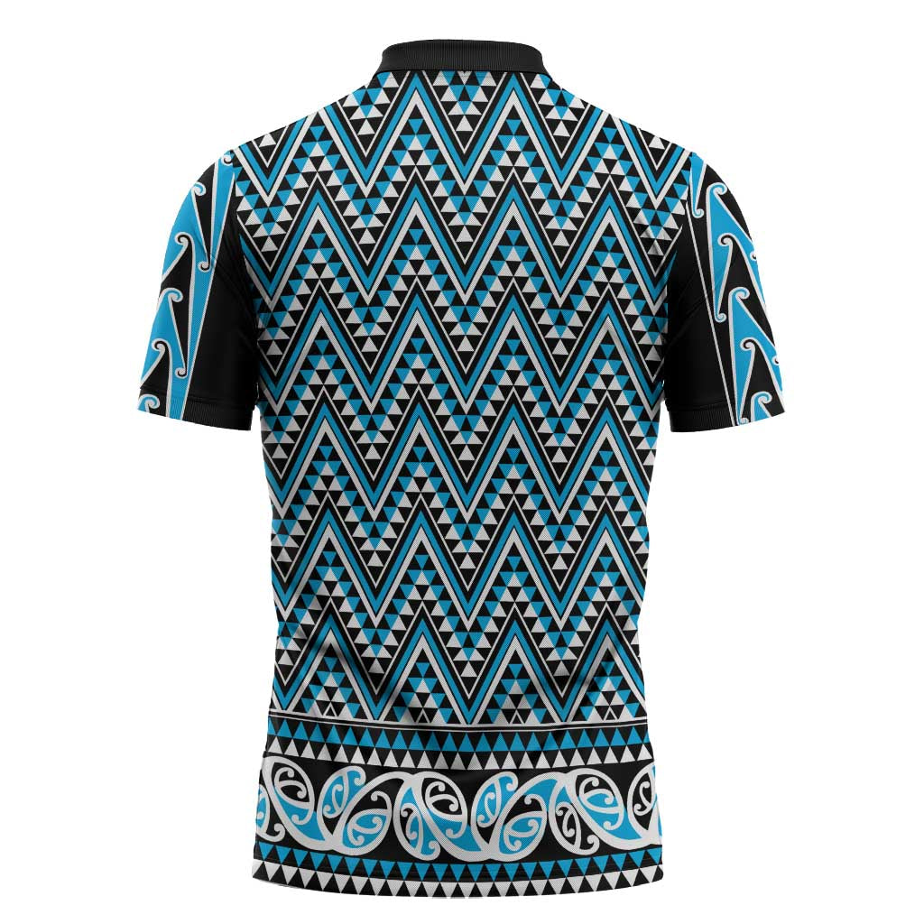 New Zealand Maori Niho Taniwha Zipper Polo Shirt Kikorangi Mangopare and Puhoro Pattern - Polynesian Pride