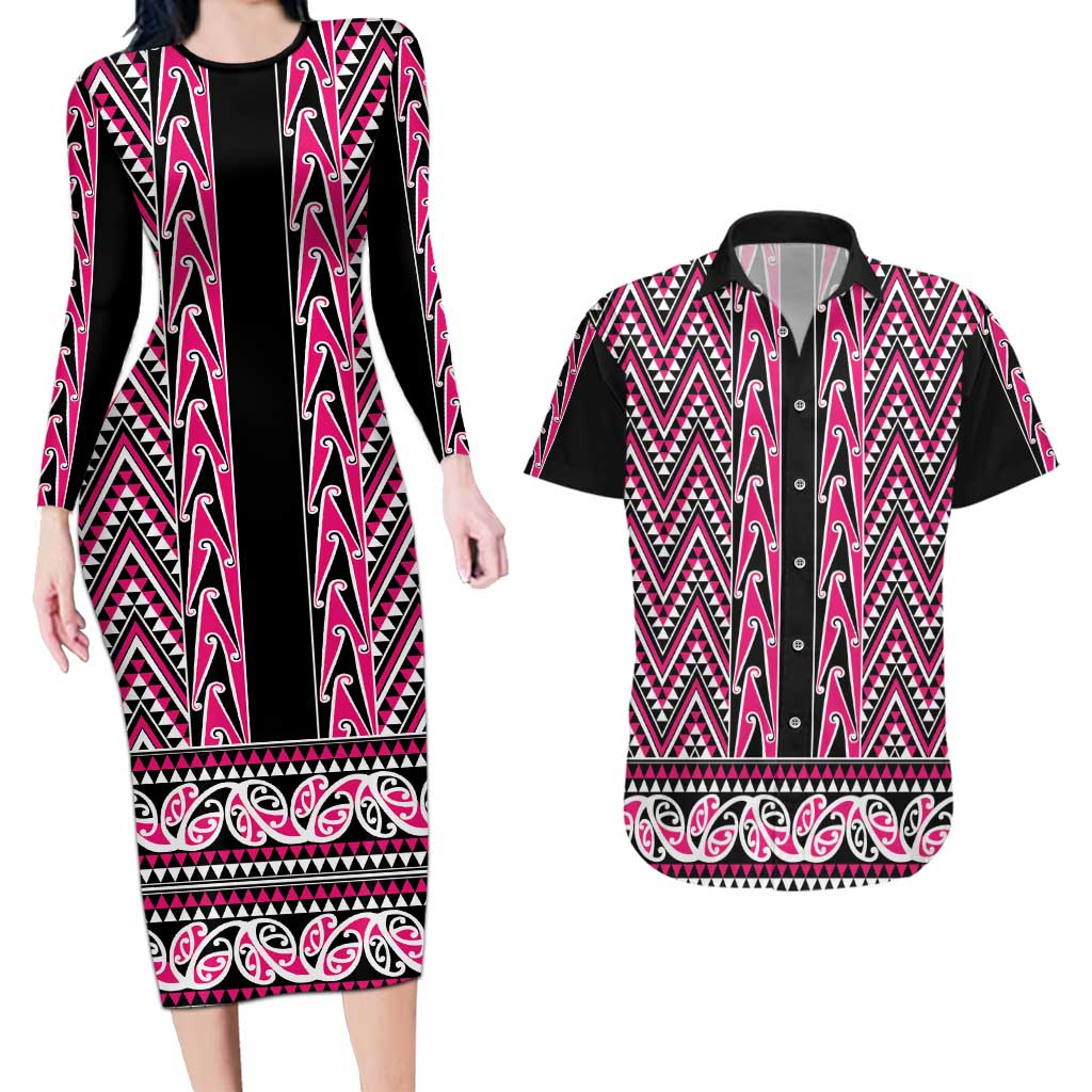 New Zealand Maori Niho Taniwha Couples Matching Long Sleeve Bodycon Dress and Hawaiian Shirt Mawhero Mangopare and Puhoro Pattern
