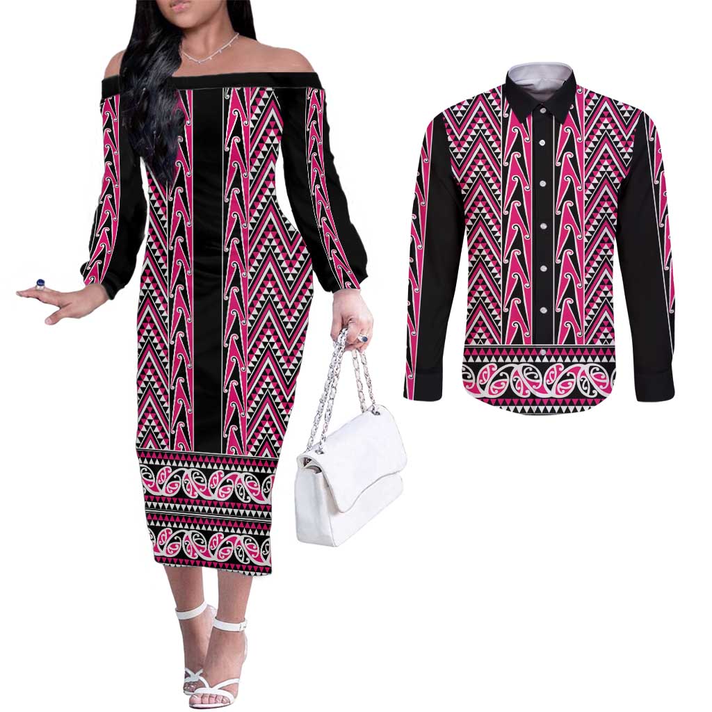 New Zealand Maori Niho Taniwha Couples Matching Off The Shoulder Long Sleeve Dress and Long Sleeve Button Shirt Mawhero Mangopare and Puhoro Pattern LT9 Pink - Polynesian Pride
