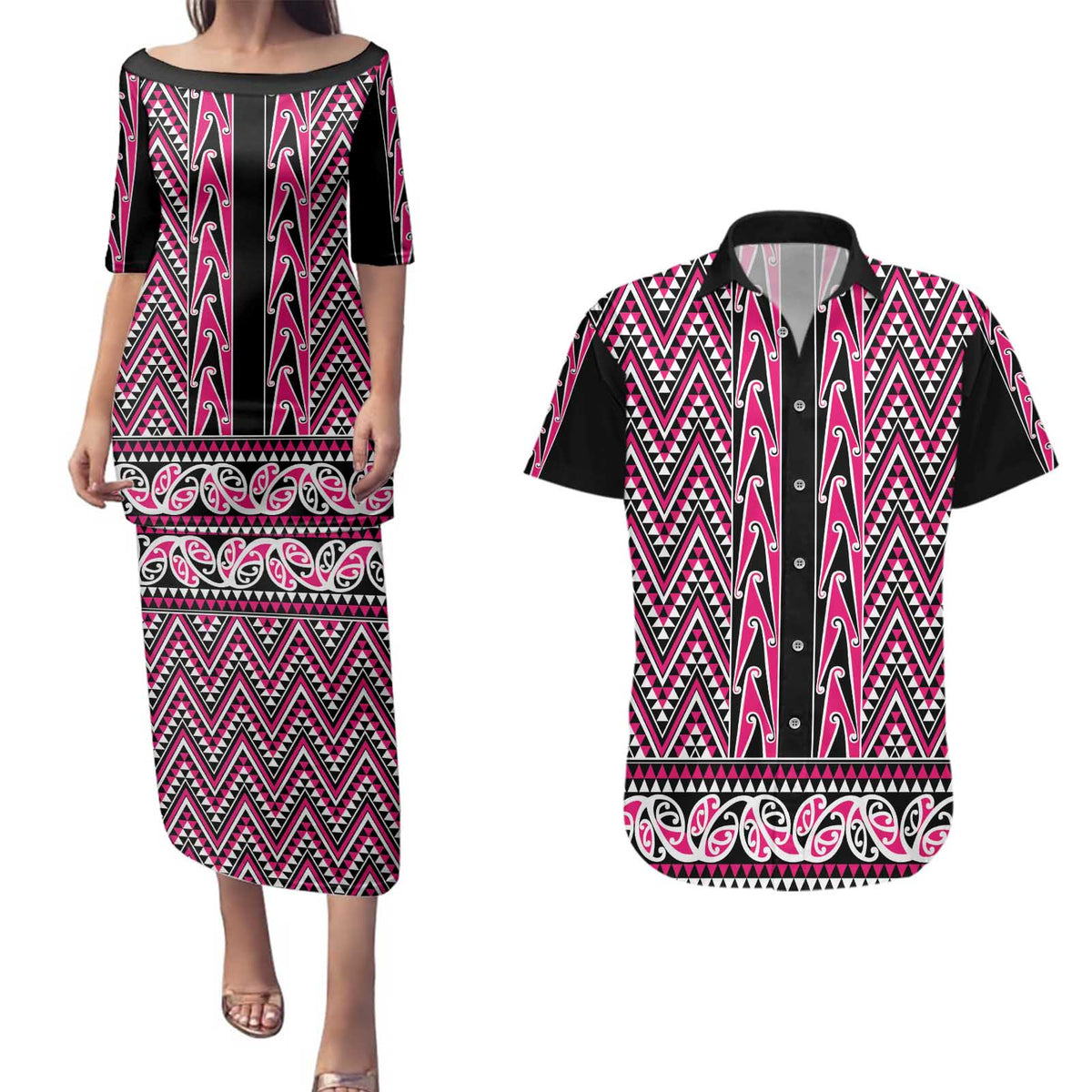 New Zealand Maori Niho Taniwha Couples Matching Puletasi and Hawaiian Shirt Mawhero Mangopare and Puhoro Pattern