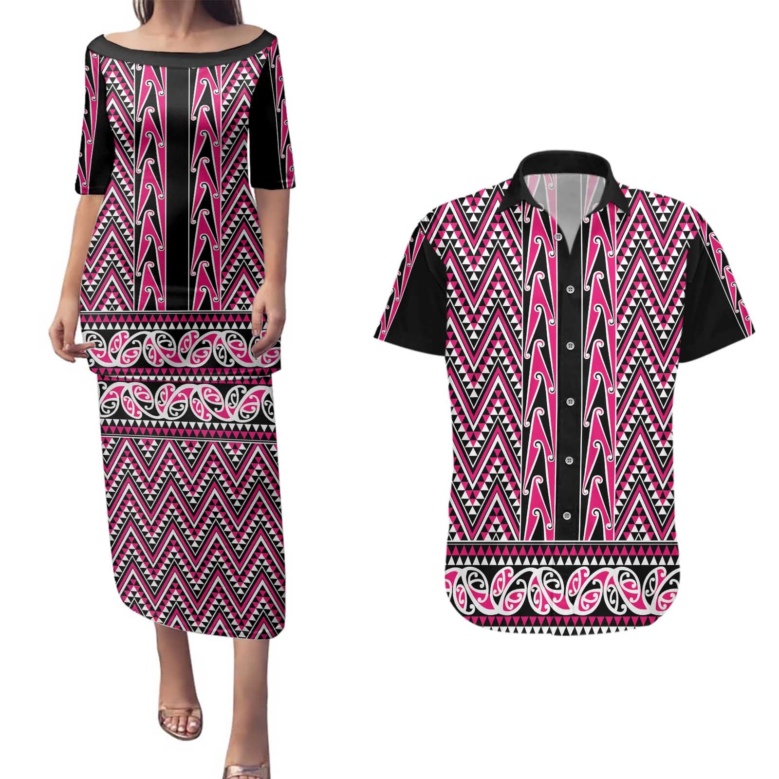 New Zealand Maori Niho Taniwha Couples Matching Puletasi and Hawaiian Shirt Mawhero Mangopare and Puhoro Pattern LT9 Pink - Polynesian Pride