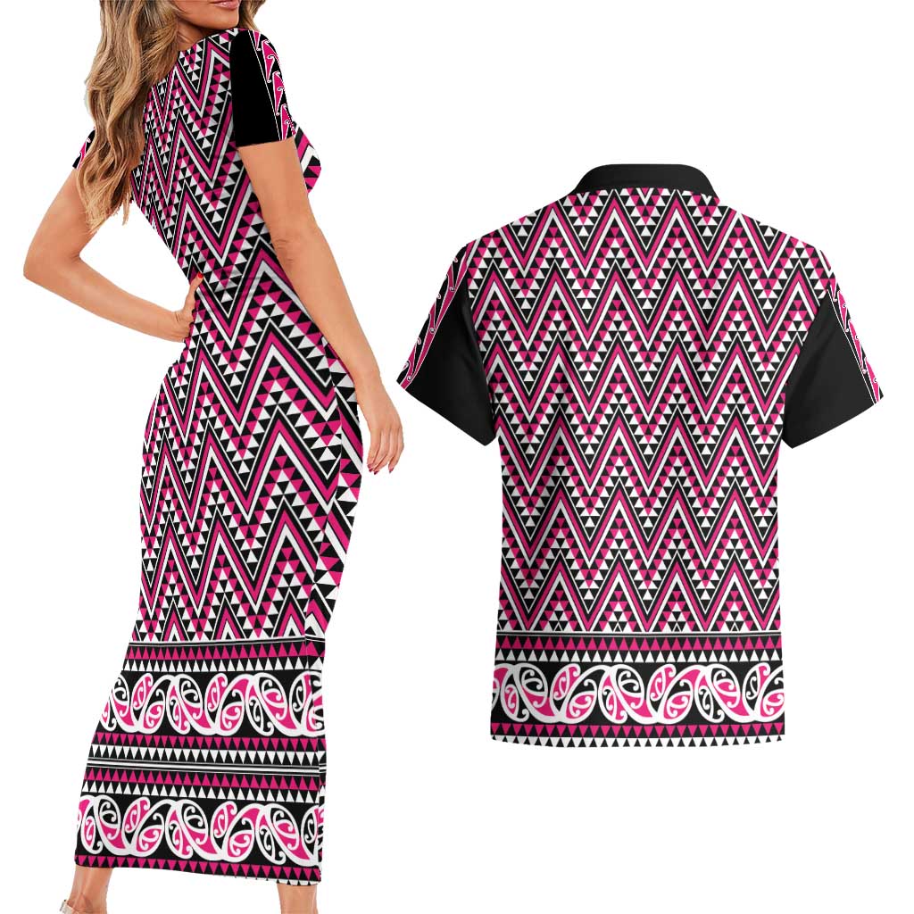 New Zealand Maori Niho Taniwha Couples Matching Short Sleeve Bodycon Dress and Hawaiian Shirt Mawhero Mangopare and Puhoro Pattern
