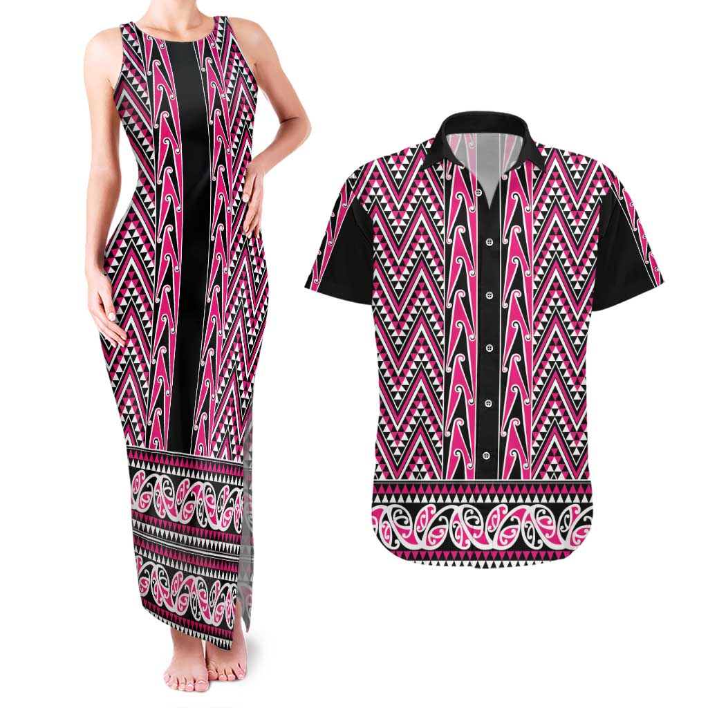 New Zealand Maori Niho Taniwha Couples Matching Tank Maxi Dress and Hawaiian Shirt Mawhero Mangopare and Puhoro Pattern LT9 Pink - Polynesian Pride
