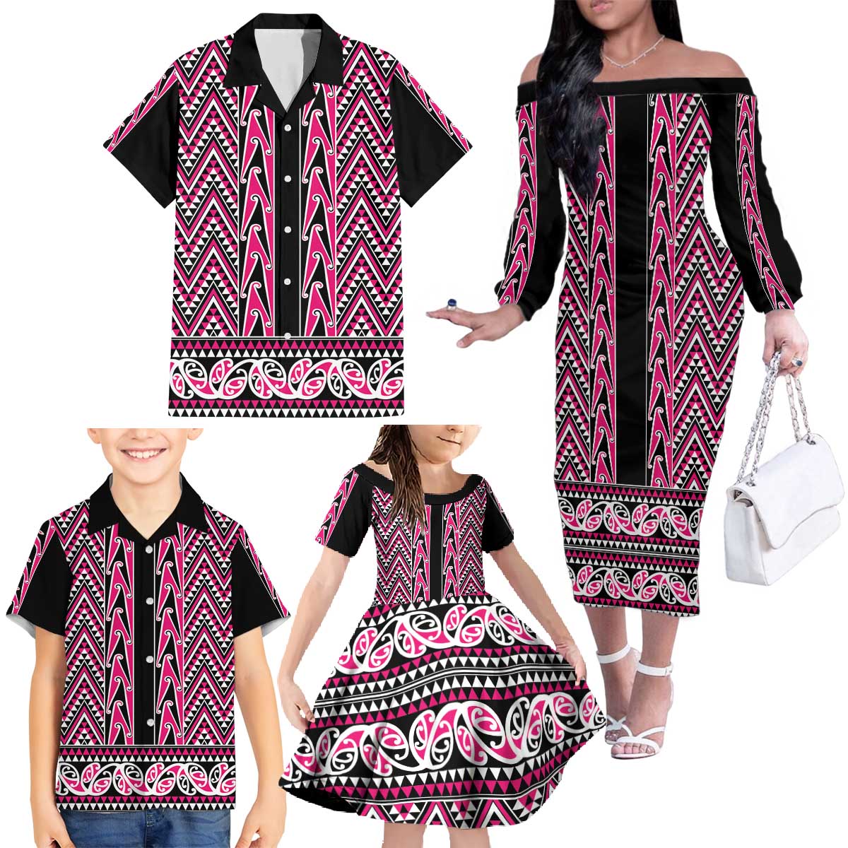 New Zealand Maori Niho Taniwha Family Matching Off The Shoulder Long Sleeve Dress and Hawaiian Shirt Mawhero Mangopare and Puhoro Pattern LT9 - Polynesian Pride