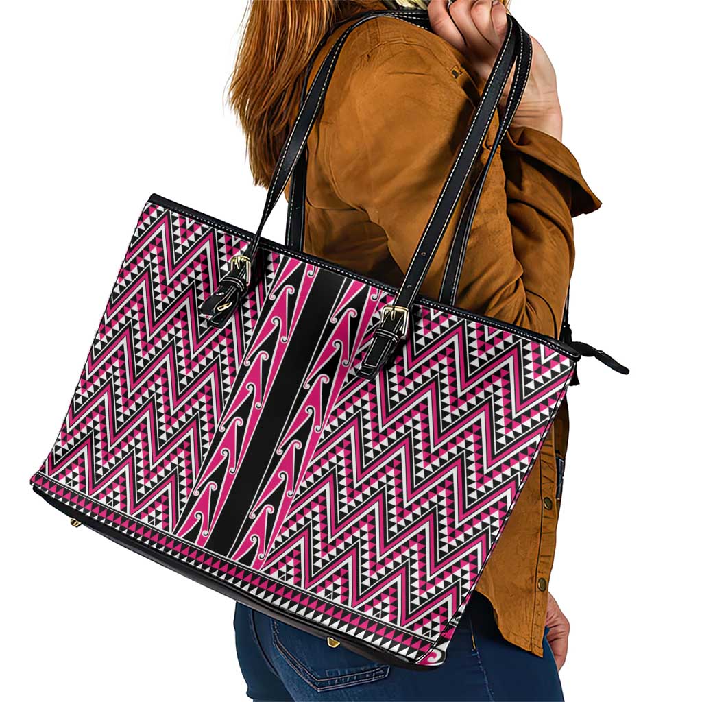 New Zealand Maori Niho Taniwha Leather Tote Bag Mawhero Mangopare and Puhoro Pattern