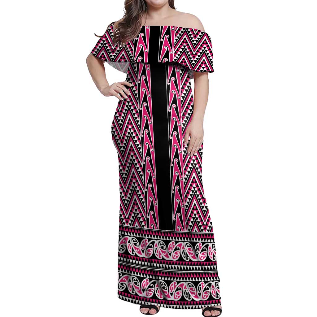 New Zealand Maori Niho Taniwha Off Shoulder Maxi Dress Mawhero Mangopare and Puhoro Pattern