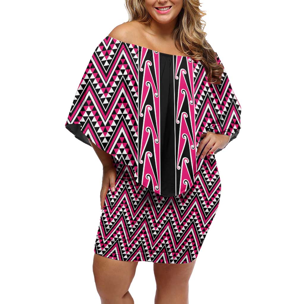 New Zealand Maori Niho Taniwha Off Shoulder Short Dress Mawhero Mangopare and Puhoro Pattern
