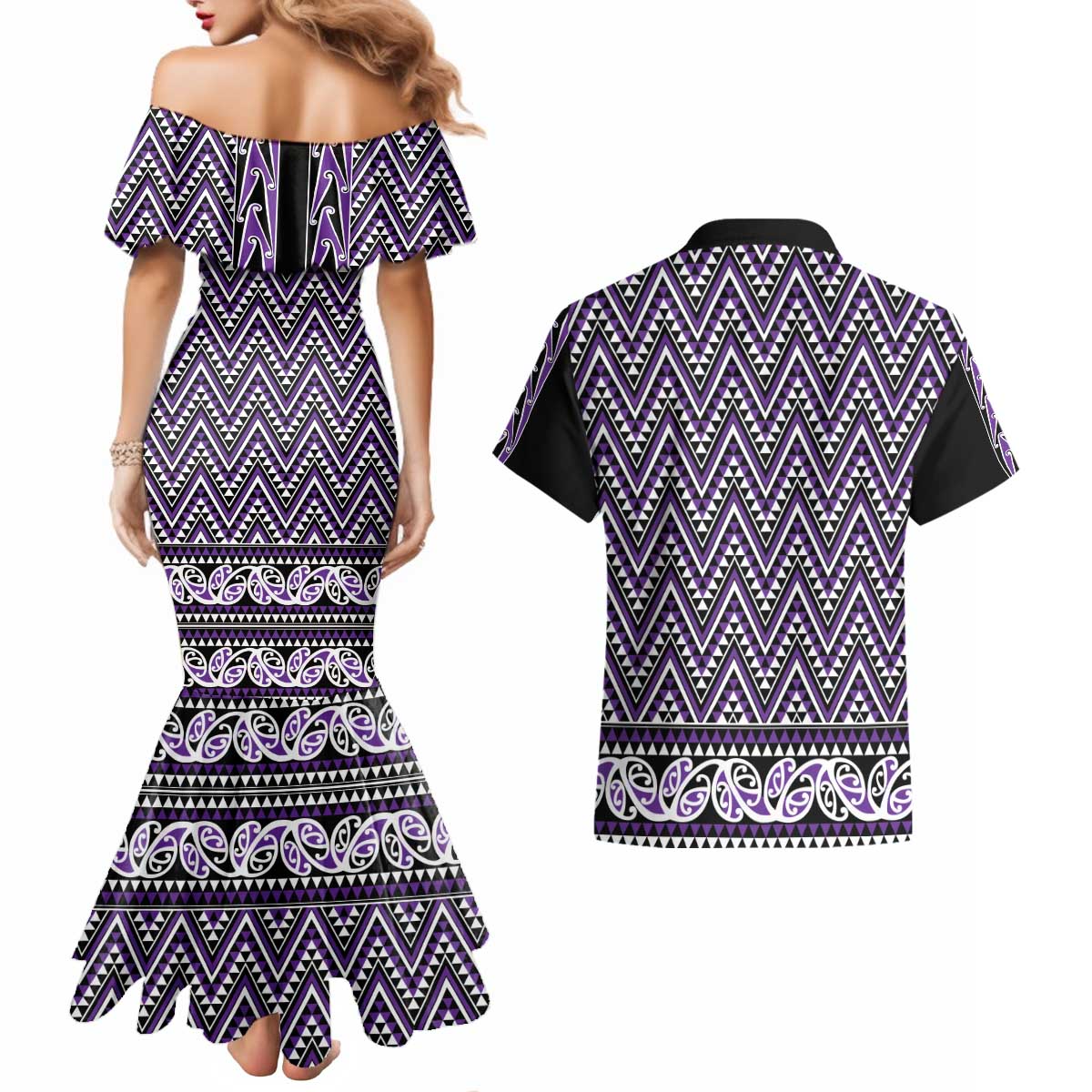 New Zealand Maori Niho Taniwha Couples Matching Mermaid Dress and Hawaiian Shirt Waiporopo Mangopare and Puhoro Pattern