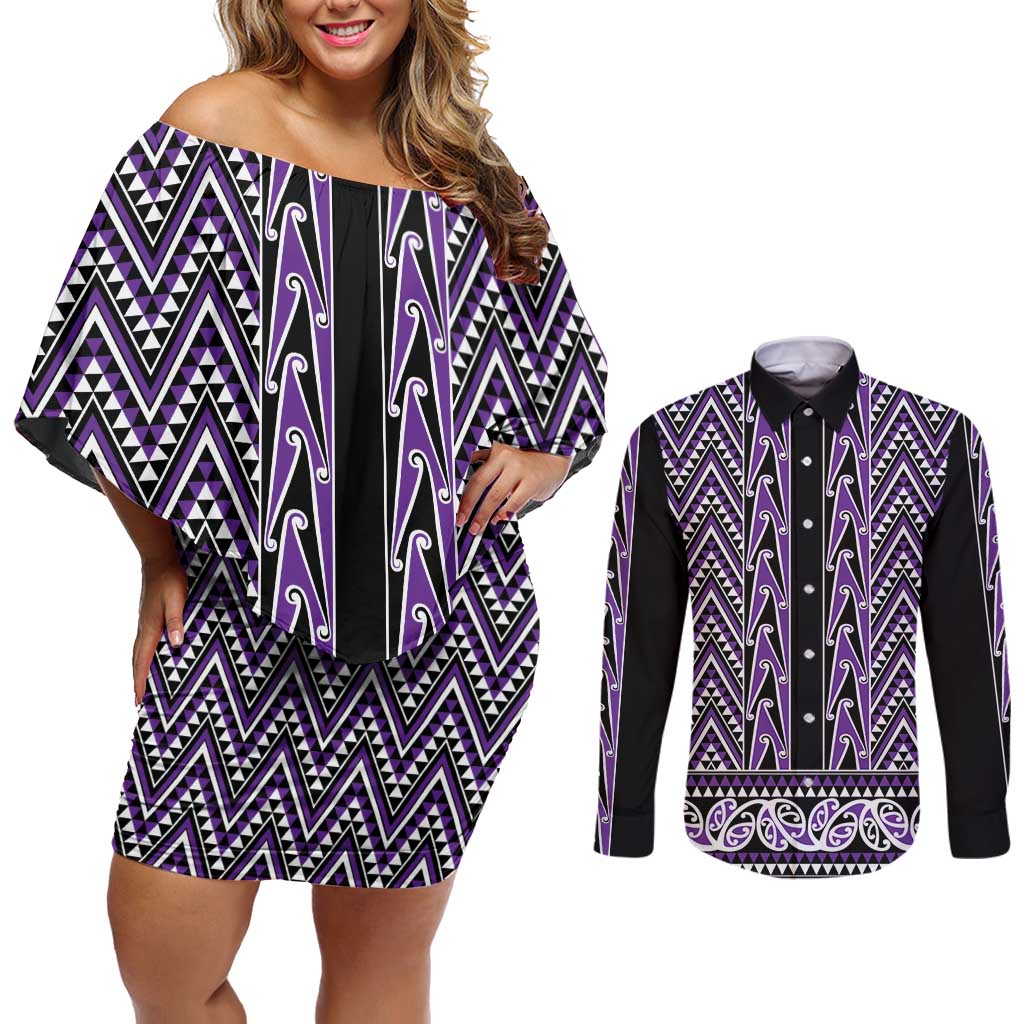 New Zealand Maori Niho Taniwha Couples Matching Off Shoulder Short Dress and Long Sleeve Button Shirt Waiporopo Mangopare and Puhoro Pattern LT9 Purple - Polynesian Pride