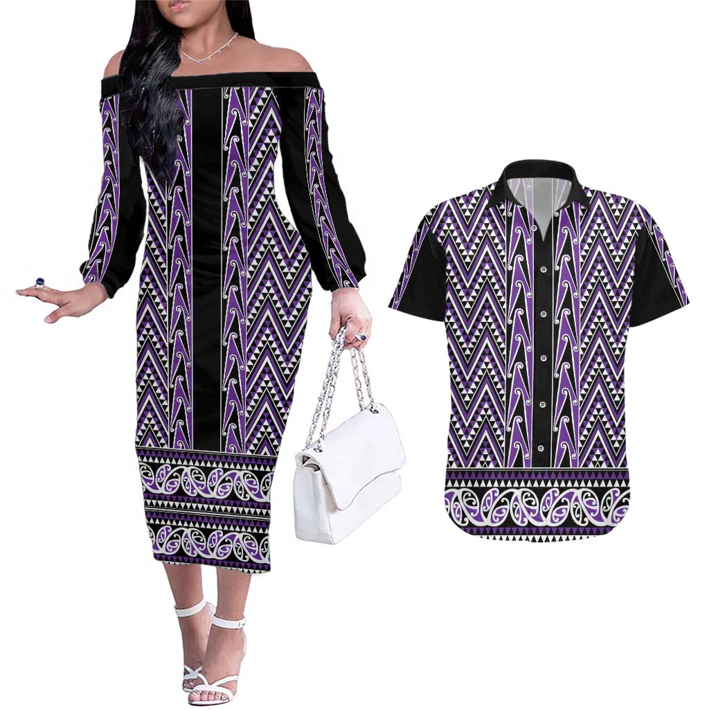 New Zealand Maori Niho Taniwha Couples Matching Off The Shoulder Long Sleeve Dress and Hawaiian Shirt Waiporopo Mangopare and Puhoro Pattern LT9 Purple - Polynesian Pride