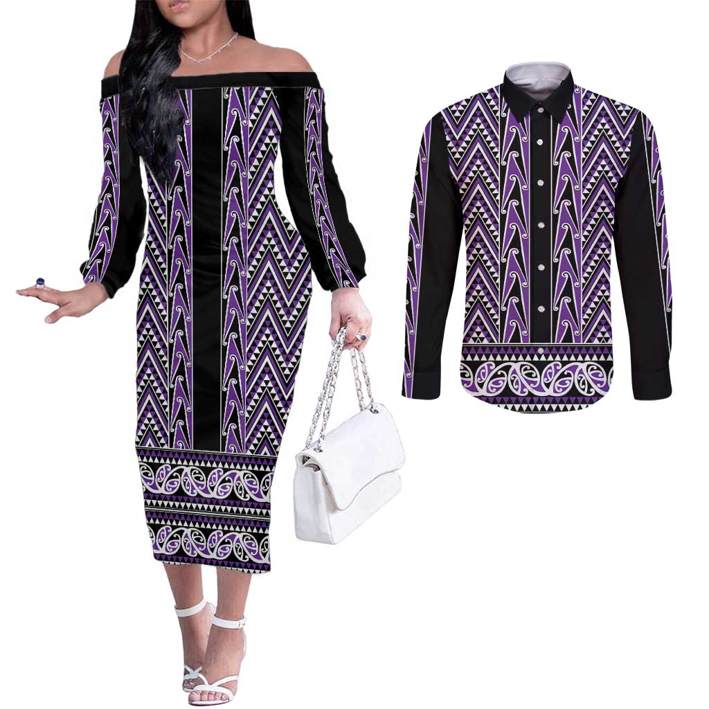 New Zealand Maori Niho Taniwha Couples Matching Off The Shoulder Long Sleeve Dress and Long Sleeve Button Shirt Waiporopo Mangopare and Puhoro Pattern LT9 Purple - Polynesian Pride