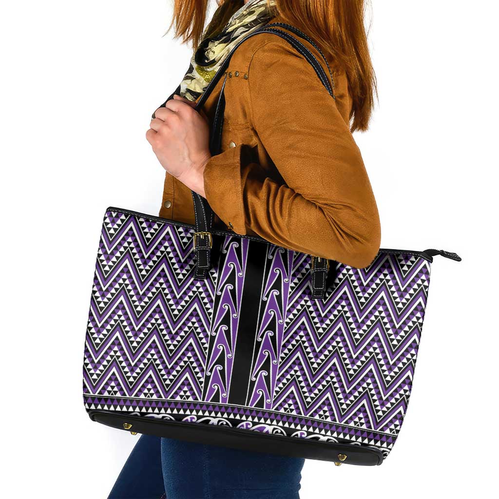 New Zealand Maori Niho Taniwha Leather Tote Bag Waiporopo Mangopare and Puhoro Pattern LT9 Purple - Polynesian Pride