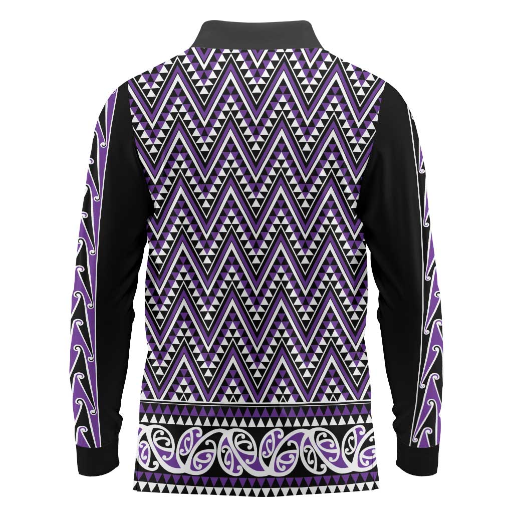 New Zealand Maori Niho Taniwha Long Sleeve Polo Shirt Waiporopo Mangopare and Puhoro Pattern