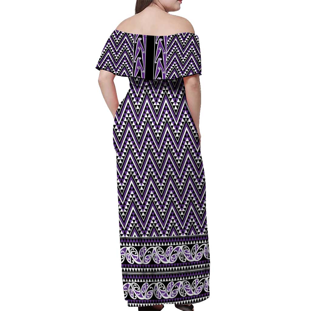 New Zealand Maori Niho Taniwha Off Shoulder Maxi Dress Waiporopo Mangopare and Puhoro Pattern