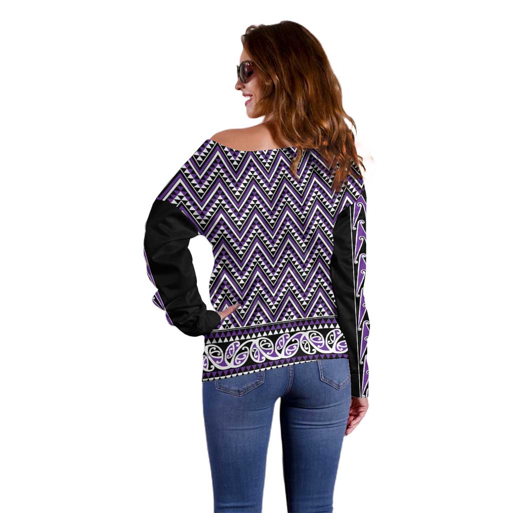 New Zealand Maori Niho Taniwha Off Shoulder Sweater Waiporopo Mangopare and Puhoro Pattern