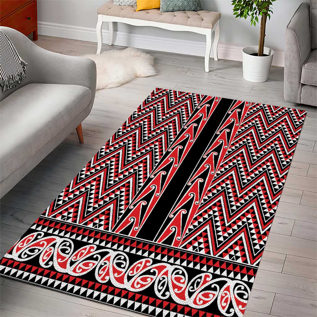 New Zealand Maori Niho Taniwha Area Rug Whero Mangopare and Puhoro Pattern