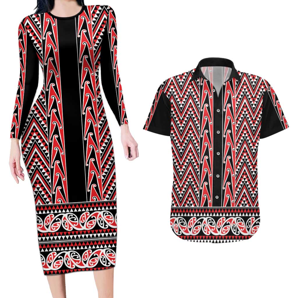 New Zealand Maori Niho Taniwha Couples Matching Long Sleeve Bodycon Dress and Hawaiian Shirt Whero Mangopare and Puhoro Pattern