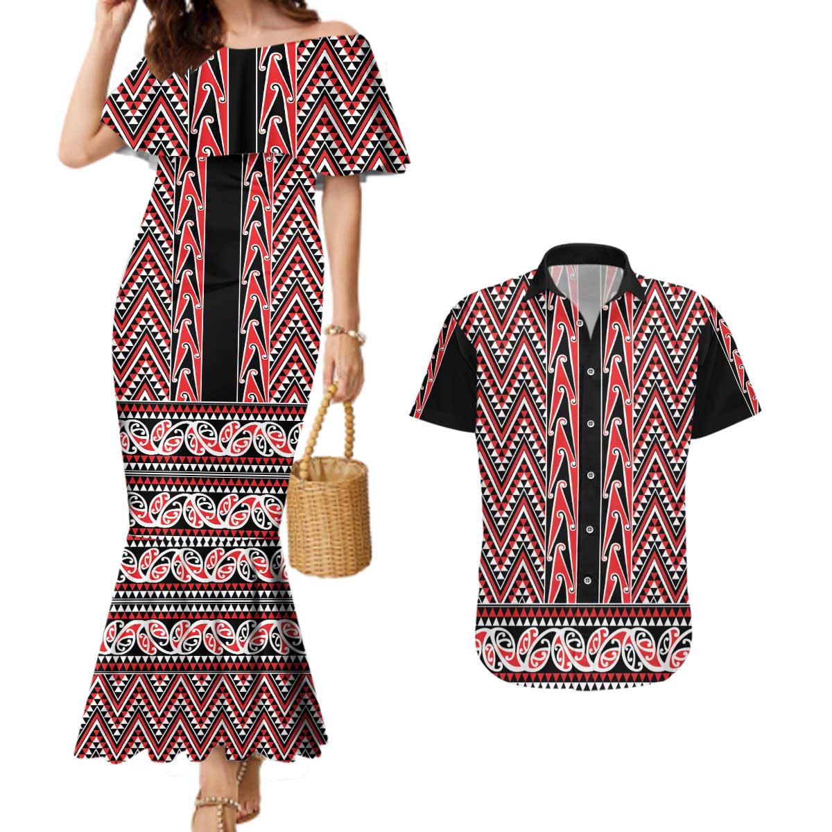 New Zealand Maori Niho Taniwha Couples Matching Mermaid Dress and Hawaiian Shirt Whero Mangopare and Puhoro Pattern LT9 Red - Polynesian Pride