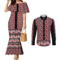 New Zealand Maori Niho Taniwha Couples Matching Mermaid Dress and Long Sleeve Button Shirt Whero Mangopare and Puhoro Pattern