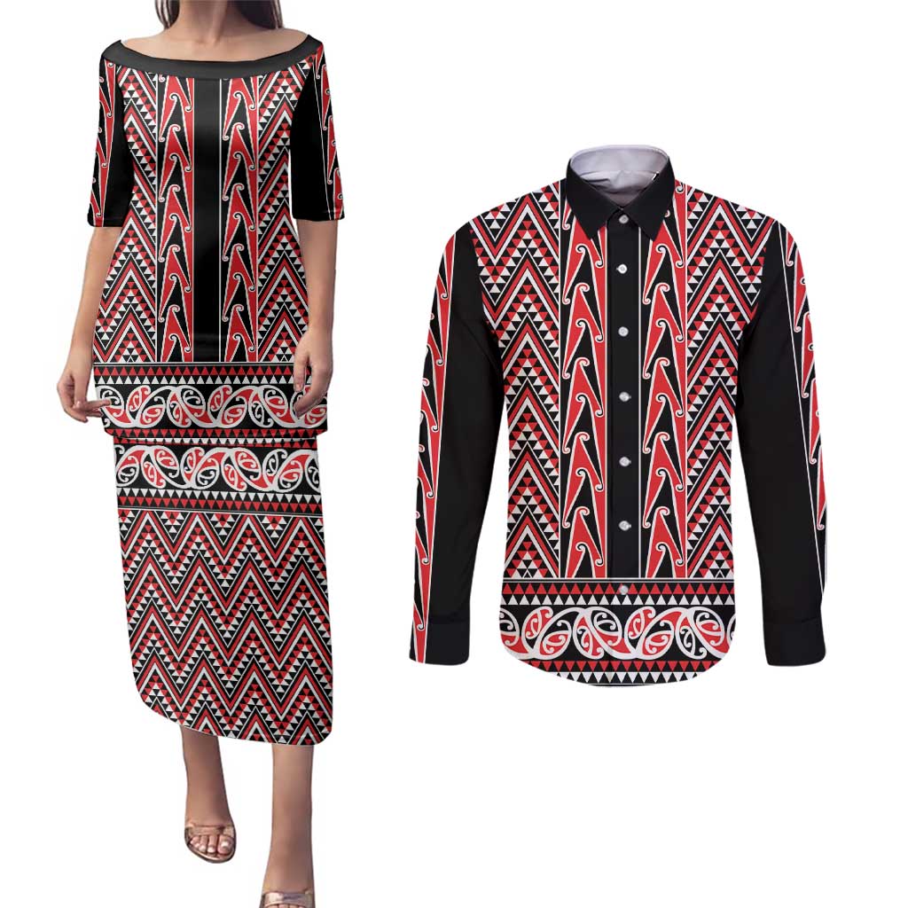 New Zealand Maori Niho Taniwha Couples Matching Puletasi and Long Sleeve Button Shirt Whero Mangopare and Puhoro Pattern LT9 Red - Polynesian Pride