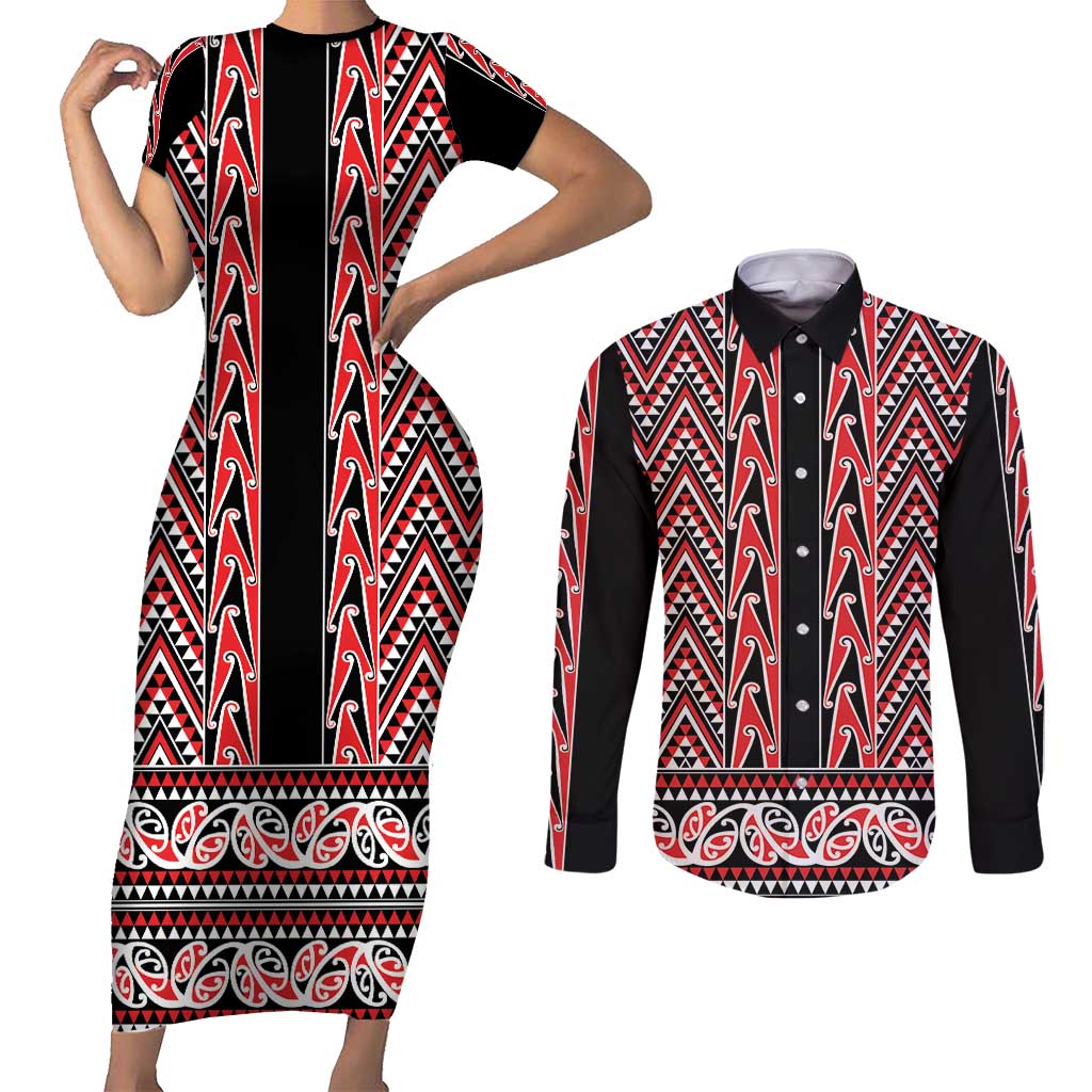 New Zealand Maori Niho Taniwha Couples Matching Short Sleeve Bodycon Dress and Long Sleeve Button Shirt Whero Mangopare and Puhoro Pattern LT9 Red - Polynesian Pride