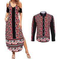 New Zealand Maori Niho Taniwha Couples Matching Summer Maxi Dress and Long Sleeve Button Shirt Whero Mangopare and Puhoro Pattern