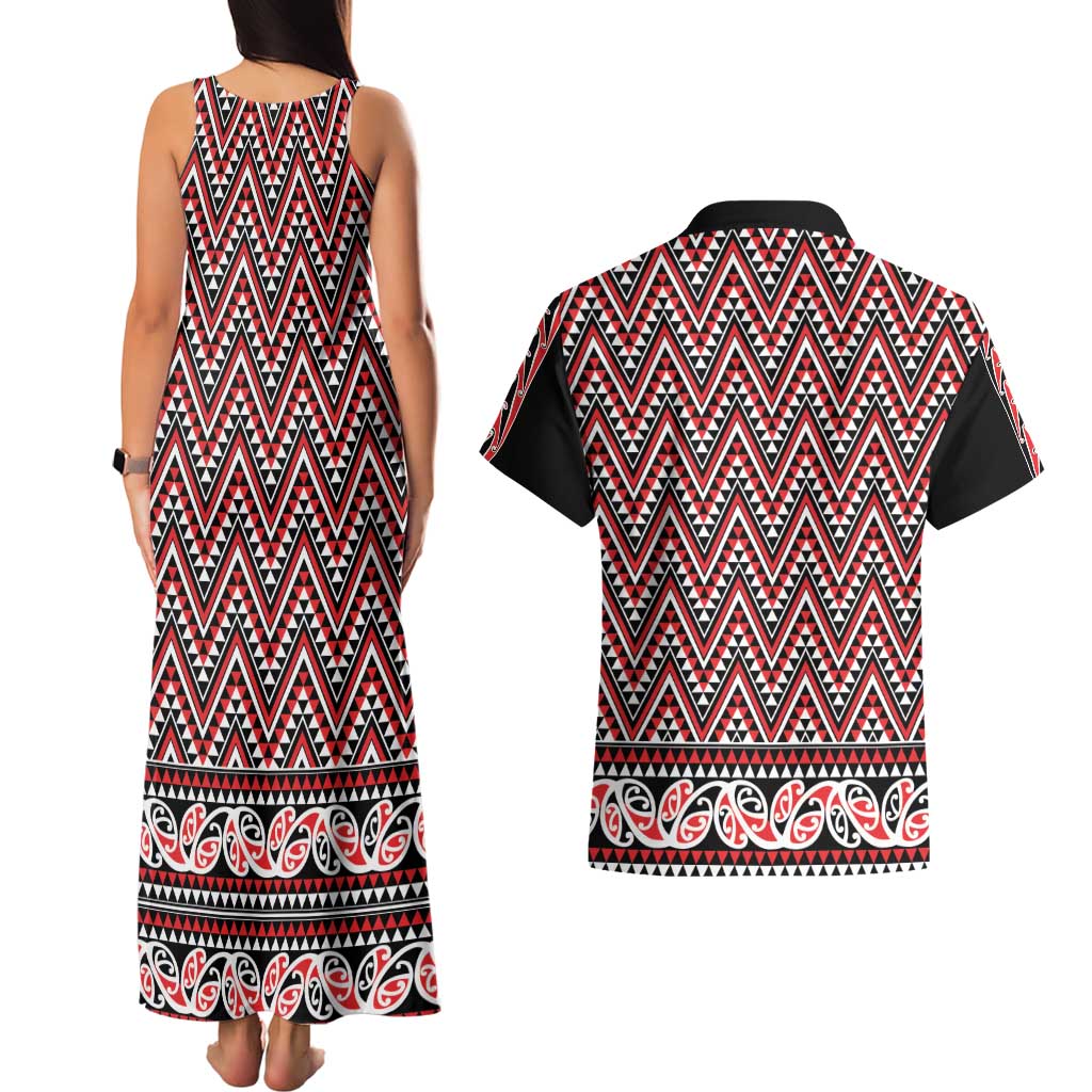 New Zealand Maori Niho Taniwha Couples Matching Tank Maxi Dress and Hawaiian Shirt Whero Mangopare and Puhoro Pattern