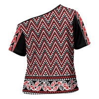 New Zealand Maori Niho Taniwha Cross Shoulder Shirt Whero Mangopare and Puhoro Pattern - Polynesian Pride