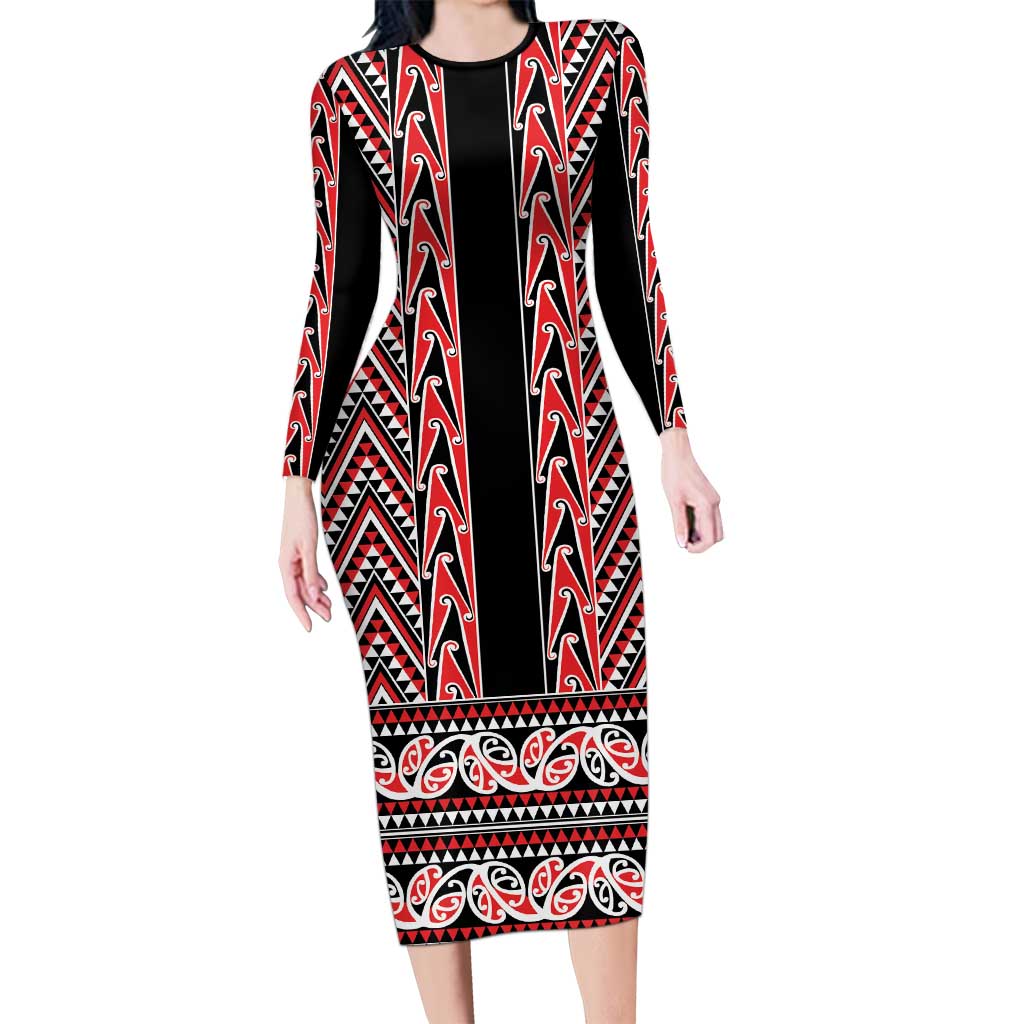 New Zealand Maori Niho Taniwha Family Matching Long Sleeve Bodycon Dress and Hawaiian Shirt Whero Mangopare and Puhoro Pattern