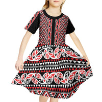 New Zealand Maori Niho Taniwha Kid Short Sleeve Dress Whero Mangopare and Puhoro Pattern