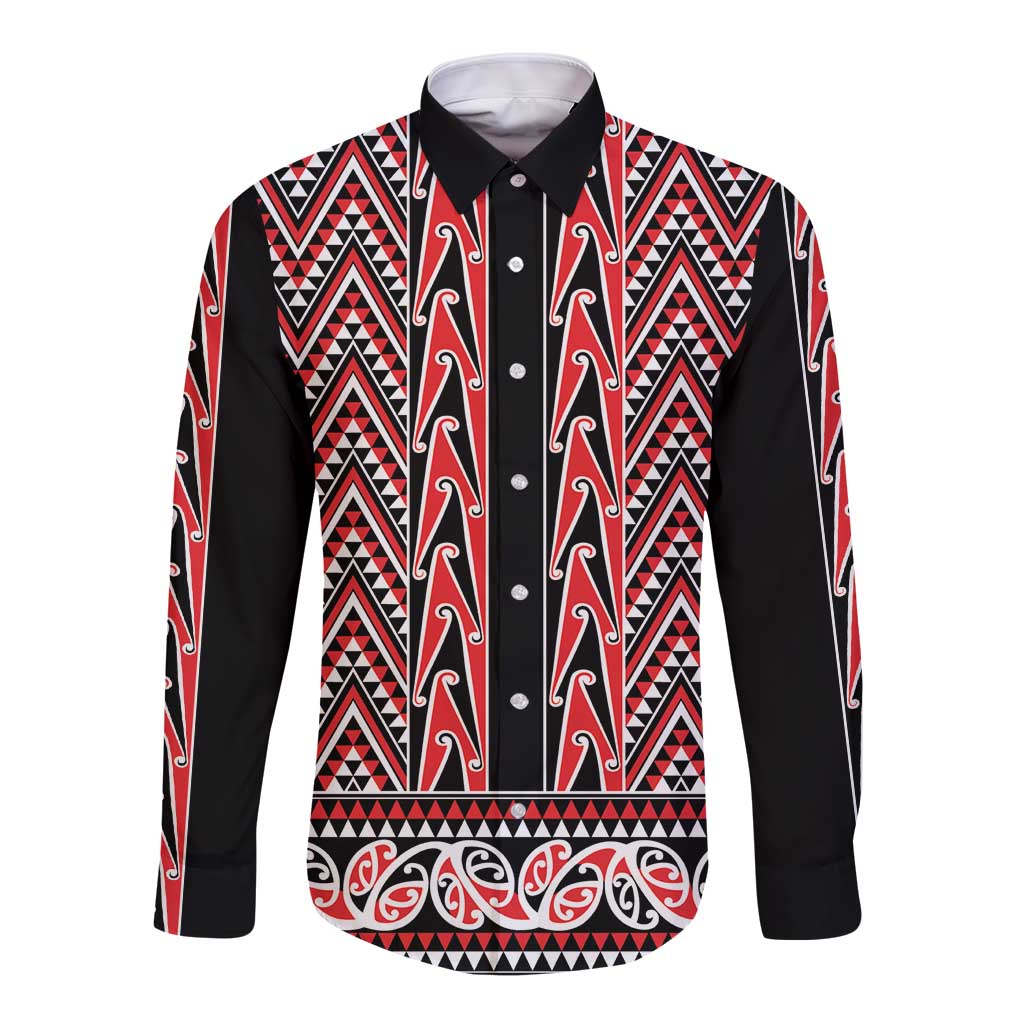 New Zealand Maori Niho Taniwha Long Sleeve Button Shirt Whero Mangopare and Puhoro Pattern LT9 Unisex Red - Polynesian Pride