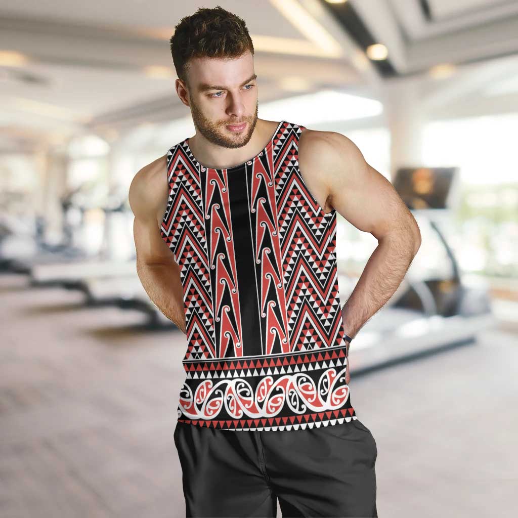 New Zealand Maori Niho Taniwha Men Tank Top Whero Mangopare and Puhoro Pattern LT9 Red - Polynesian Pride