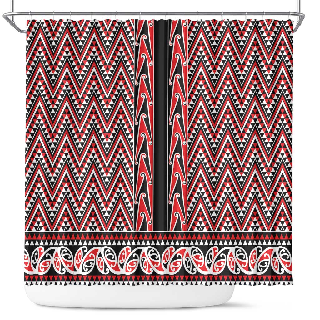 New Zealand Maori Niho Taniwha Shower Curtain Whero Mangopare and Puhoro Pattern