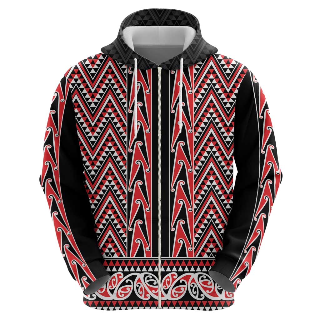 New Zealand Maori Niho Taniwha Zip Hoodie Whero Mangopare and Puhoro Pattern