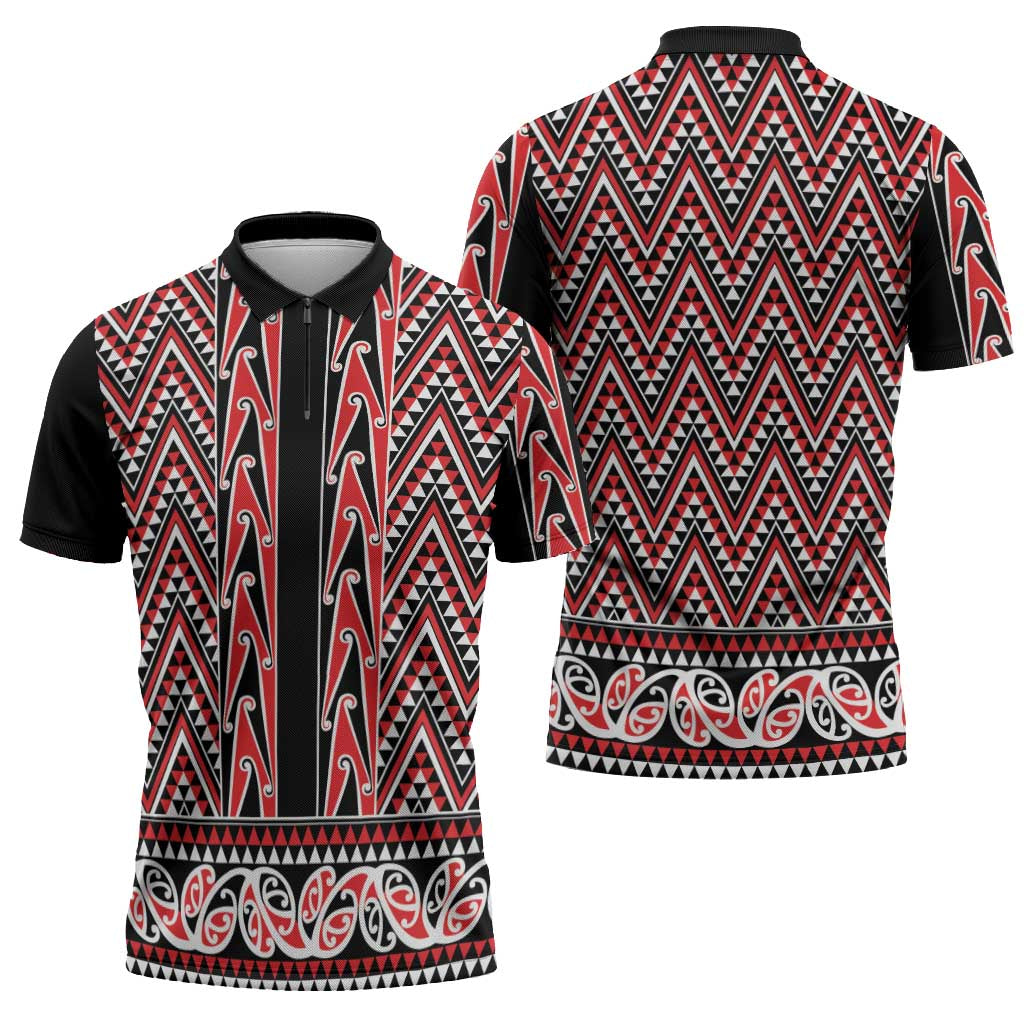 New Zealand Maori Niho Taniwha Zipper Polo Shirt Whero Mangopare and Puhoro Pattern - Polynesian Pride