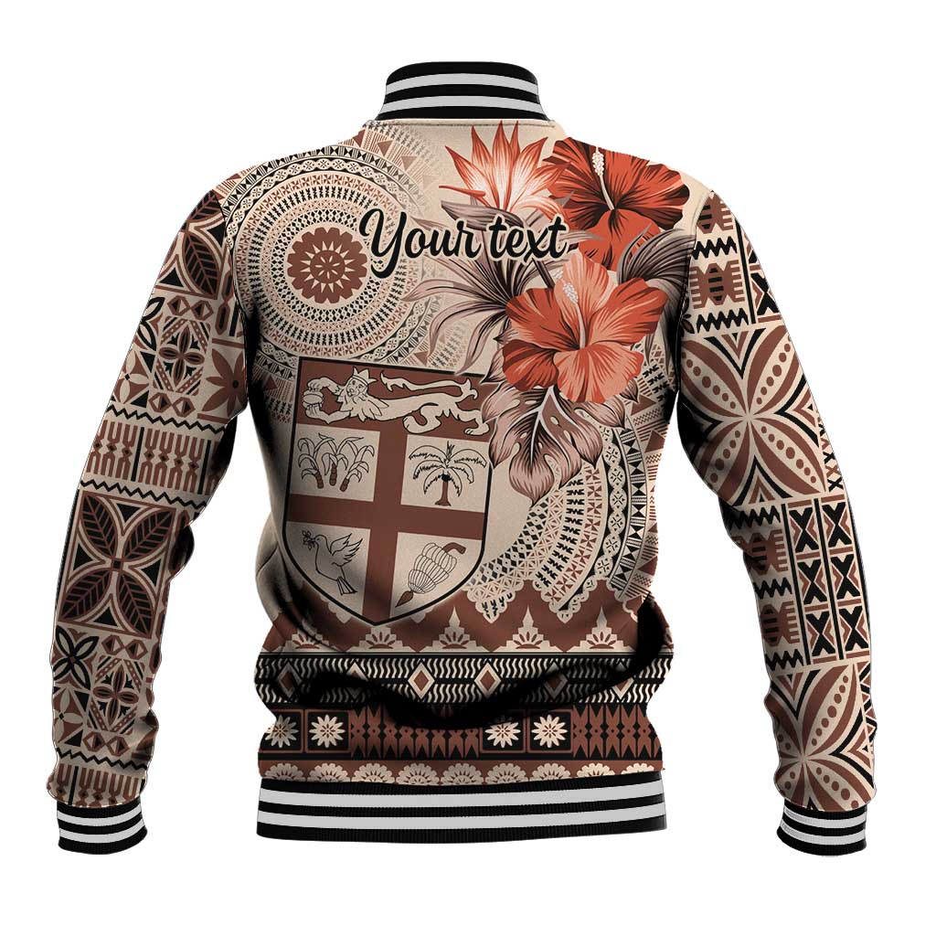 Vintage Bula Fiji Personalised Baseball Jacket Beige Hibiscus Tapa Pattern
