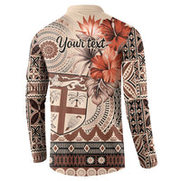 Vintage Bula Fiji Personalised Button Sweatshirt Beige Hibiscus Tapa Pattern