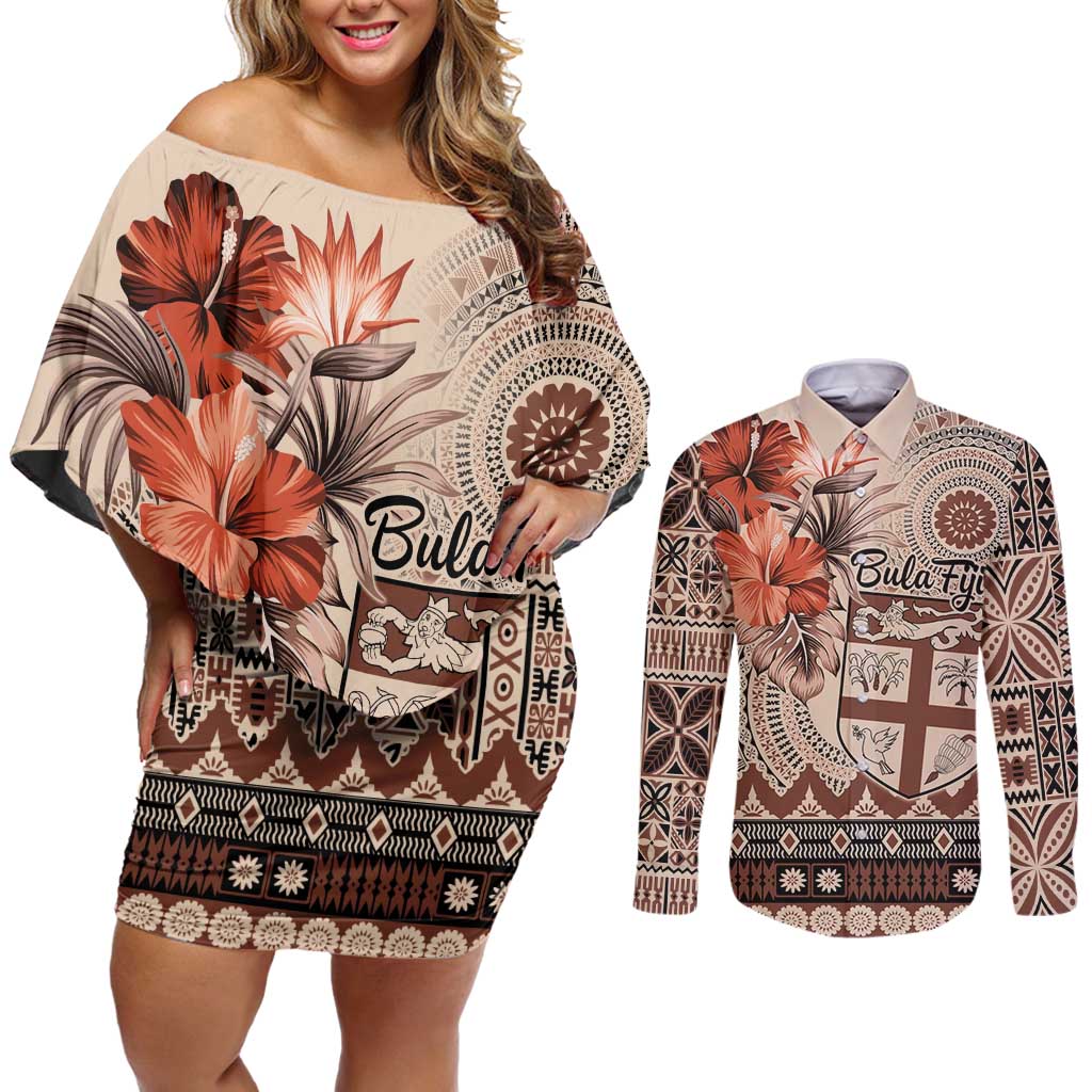 Vintage Bula Fiji Personalised Couples Matching Off Shoulder Short Dress and Long Sleeve Button Shirt Beige Hibiscus Tapa Pattern