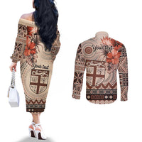 Vintage Bula Fiji Personalised Couples Matching Off The Shoulder Long Sleeve Dress and Long Sleeve Button Shirt Beige Hibiscus Tapa Pattern