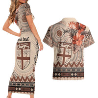 Vintage Bula Fiji Personalised Couples Matching Short Sleeve Bodycon Dress and Hawaiian Shirt Beige Hibiscus Tapa Pattern