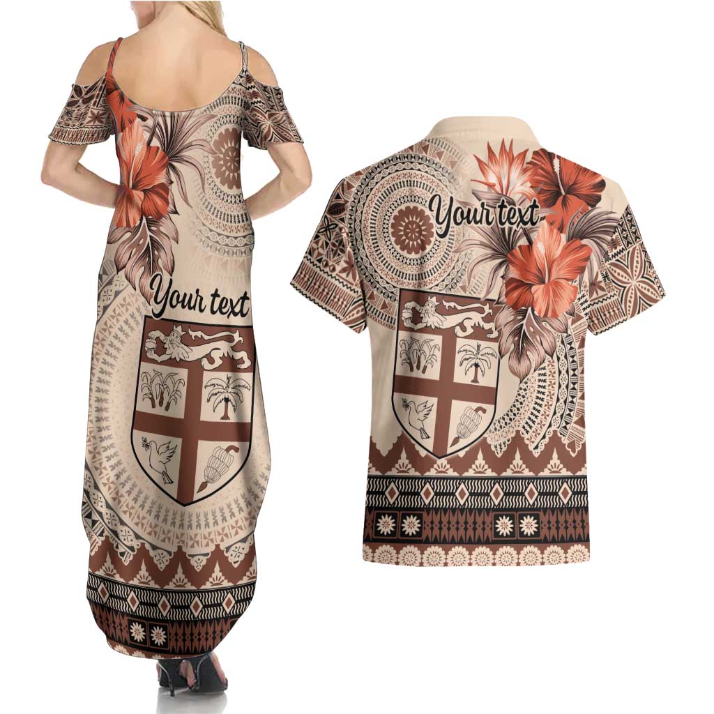 Vintage Bula Fiji Personalised Couples Matching Summer Maxi Dress and Hawaiian Shirt Beige Hibiscus Tapa Pattern