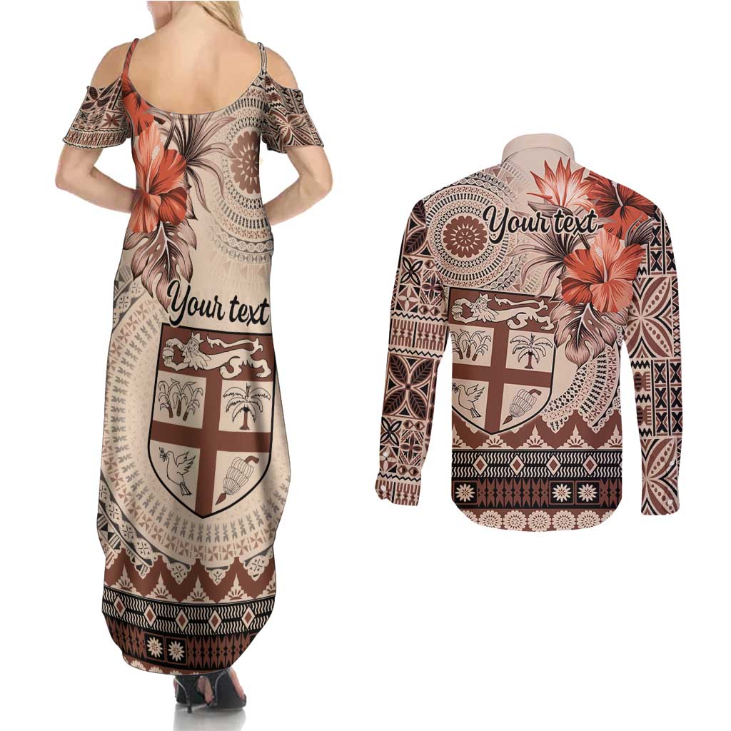 Vintage Bula Fiji Personalised Couples Matching Summer Maxi Dress and Long Sleeve Button Shirt Beige Hibiscus Tapa Pattern