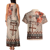 Vintage Bula Fiji Personalised Couples Matching Tank Maxi Dress and Hawaiian Shirt Beige Hibiscus Tapa Pattern
