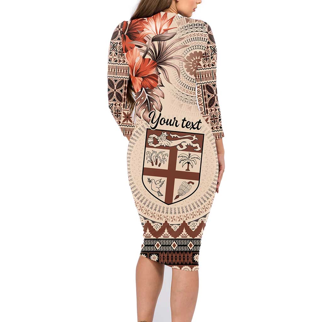 Vintage Bula Fiji Personalised Family Matching Long Sleeve Bodycon Dress and Hawaiian Shirt Beige Hibiscus Tapa Pattern
