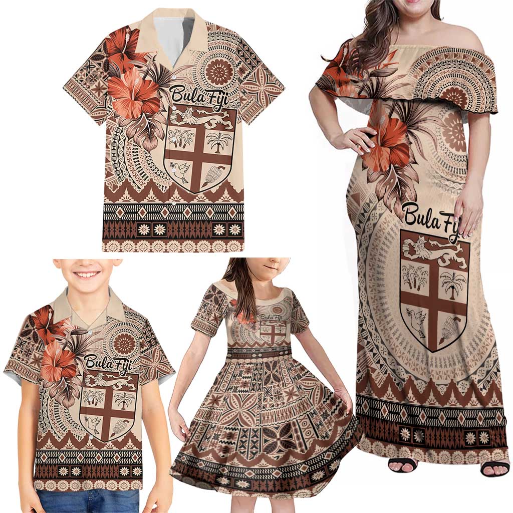 Vintage Bula Fiji Personalised Family Matching Off Shoulder Maxi Dress and Hawaiian Shirt Beige Hibiscus Tapa Pattern