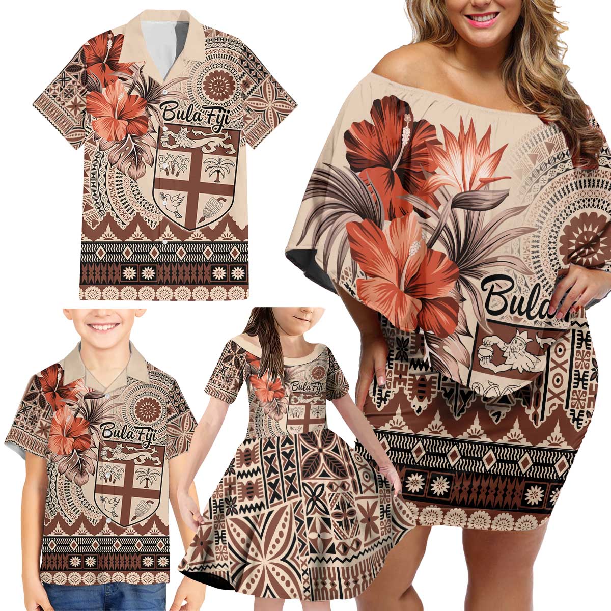Vintage Bula Fiji Personalised Family Matching Off Shoulder Short Dress and Hawaiian Shirt Beige Hibiscus Tapa Pattern