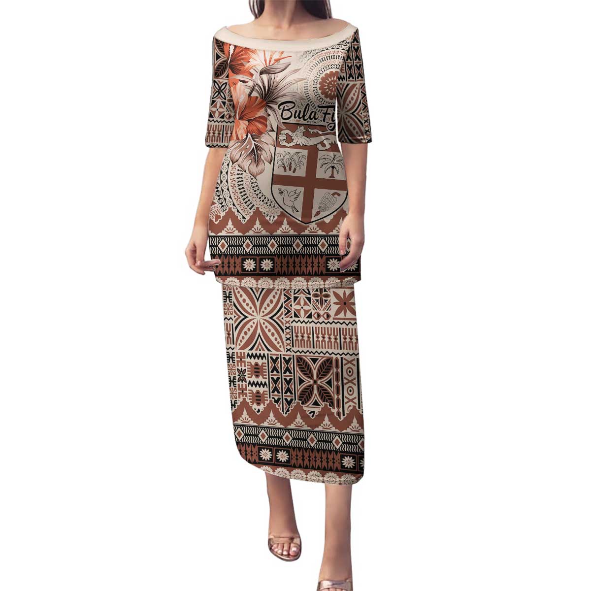 Vintage Bula Fiji Personalised Family Matching Puletasi and Hawaiian Shirt Beige Hibiscus Tapa Pattern