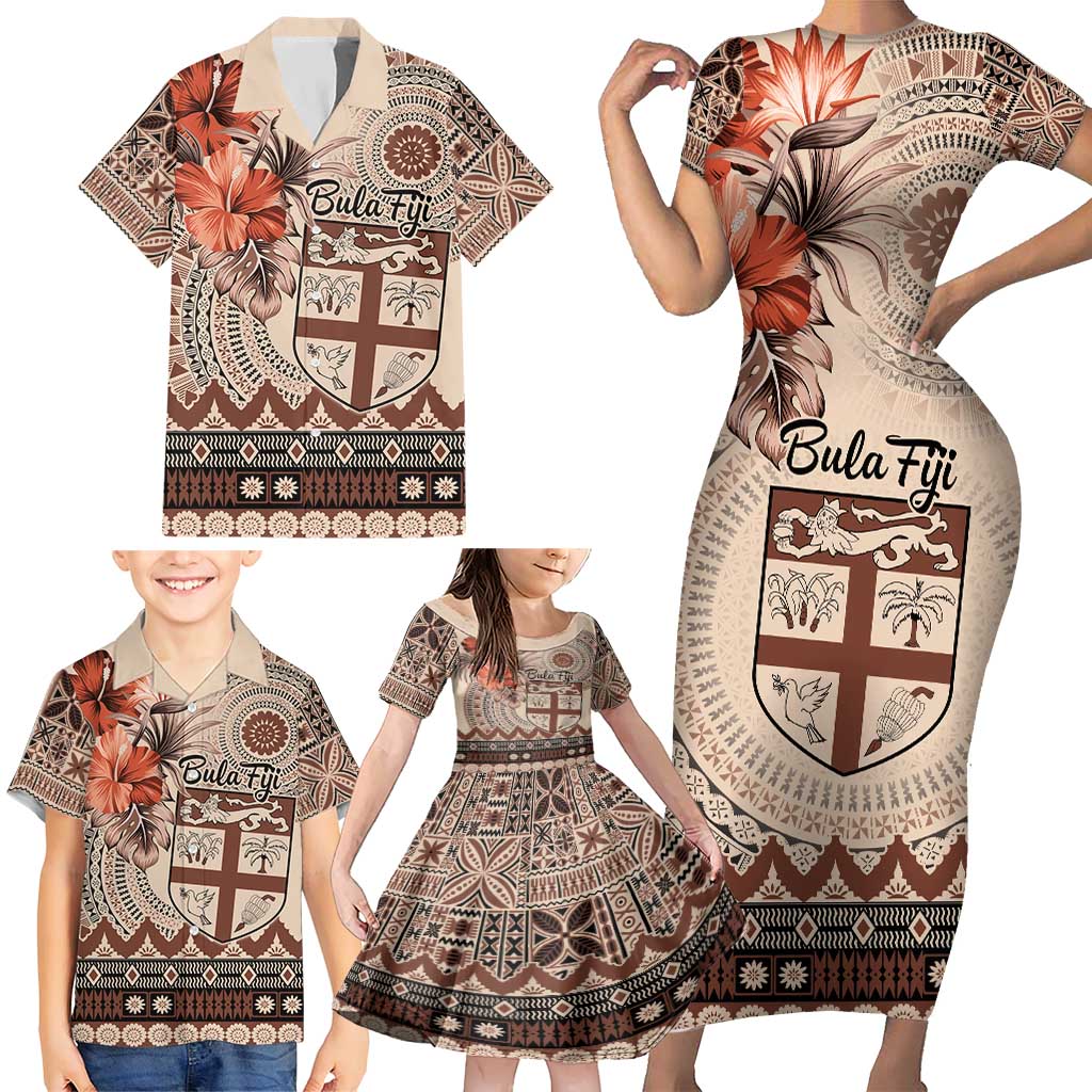 Vintage Bula Fiji Personalised Family Matching Short Sleeve Bodycon Dress and Hawaiian Shirt Beige Hibiscus Tapa Pattern