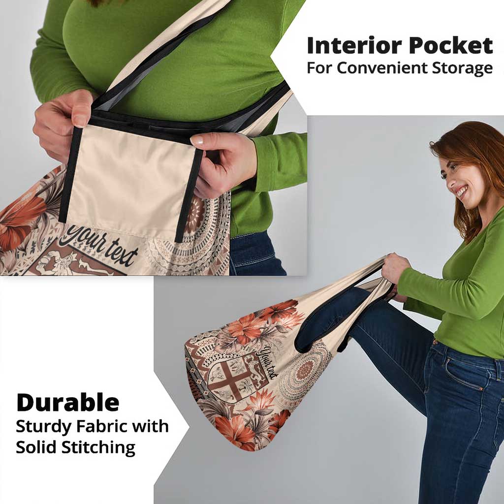 Vintage Bula Fiji Personalised Grocery Bag Beige Hibiscus Tapa Pattern